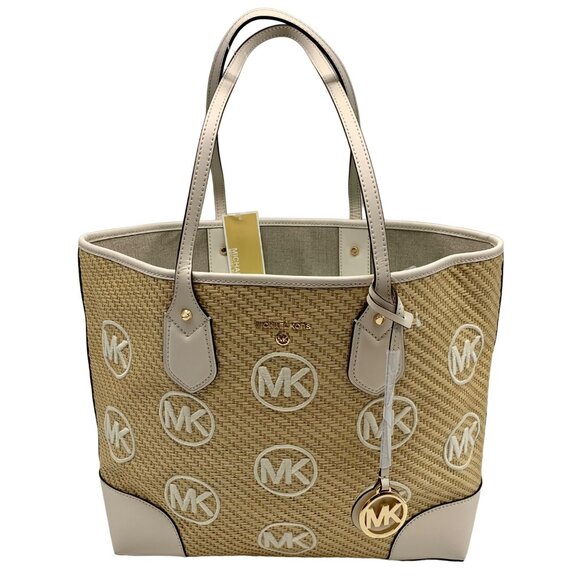 Michael Kors Eva Large Woven Straw and Cream Leather Trim Tote Bag with Leather - Picture 1 of 11